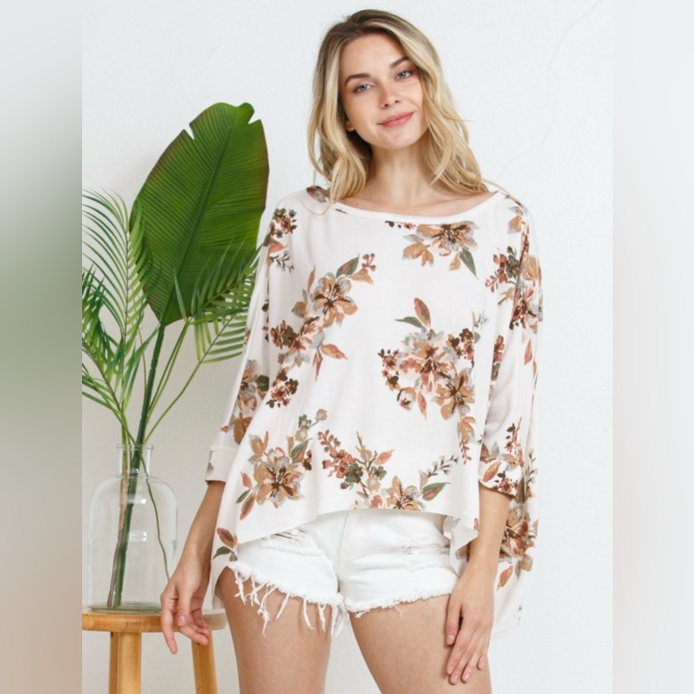 Floral Boatneck Dolman Top in Ivory